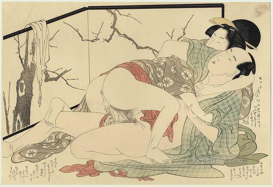 Lovers in front of a screen Kitagawa Utamaro Sexual Oil Paintings